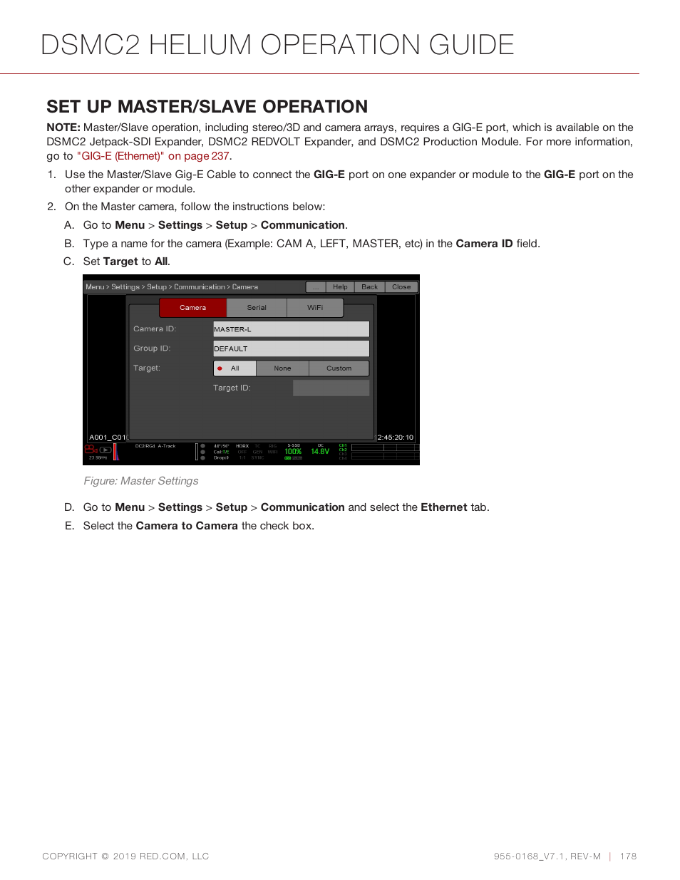 Dsmc2 helium operation guide, Set up master/slave operation | RED DIGITAL CINEMA DSMC2 BRAIN with HELIUM 8K S35 Sensor (2018 Unified DSMC2 Lineup) User Manual | Page 178 / 266