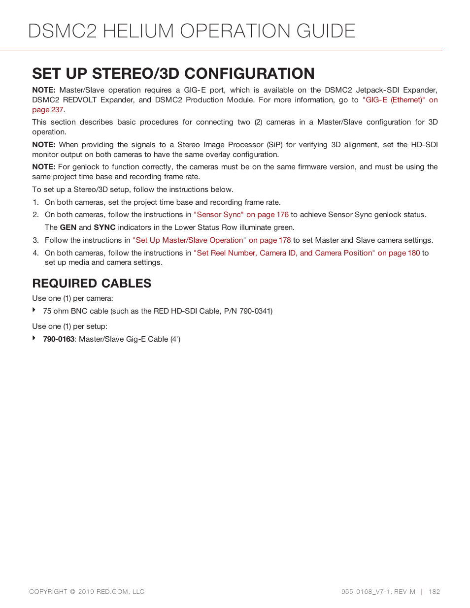 Set up stereo/3d configuration, Dsmc2 helium operation guide, Required cables | RED DIGITAL CINEMA DSMC2 BRAIN with HELIUM 8K S35 Sensor (2018 Unified DSMC2 Lineup) User Manual | Page 182 / 266