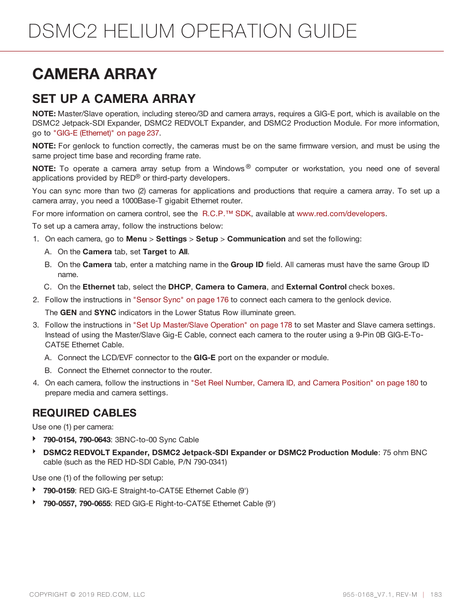 Camera array, Dsmc2 helium operation guide, Set up a camera array | Required cables | RED DIGITAL CINEMA DSMC2 BRAIN with HELIUM 8K S35 Sensor (2018 Unified DSMC2 Lineup) User Manual | Page 183 / 266