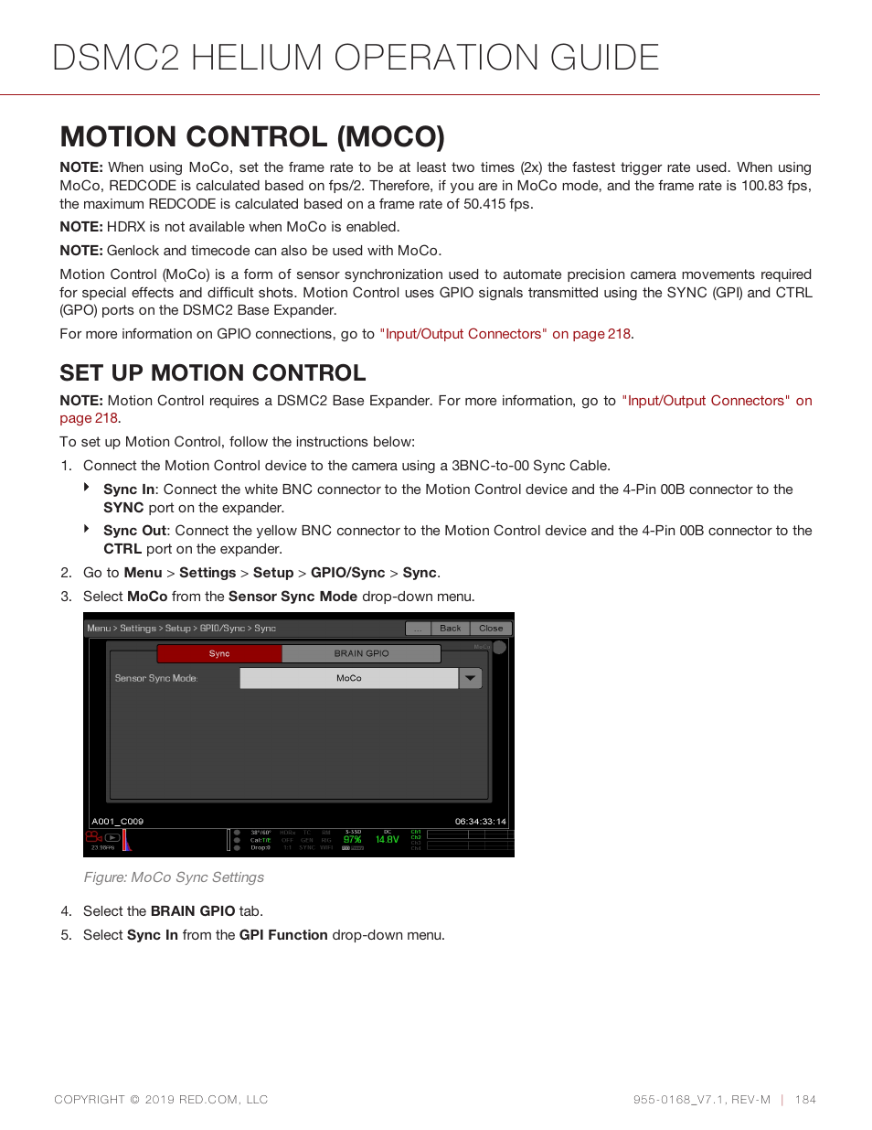 Motion control (moco), Dsmc2 helium operation guide, Set up motion control | RED DIGITAL CINEMA DSMC2 BRAIN with HELIUM 8K S35 Sensor (2018 Unified DSMC2 Lineup) User Manual | Page 184 / 266