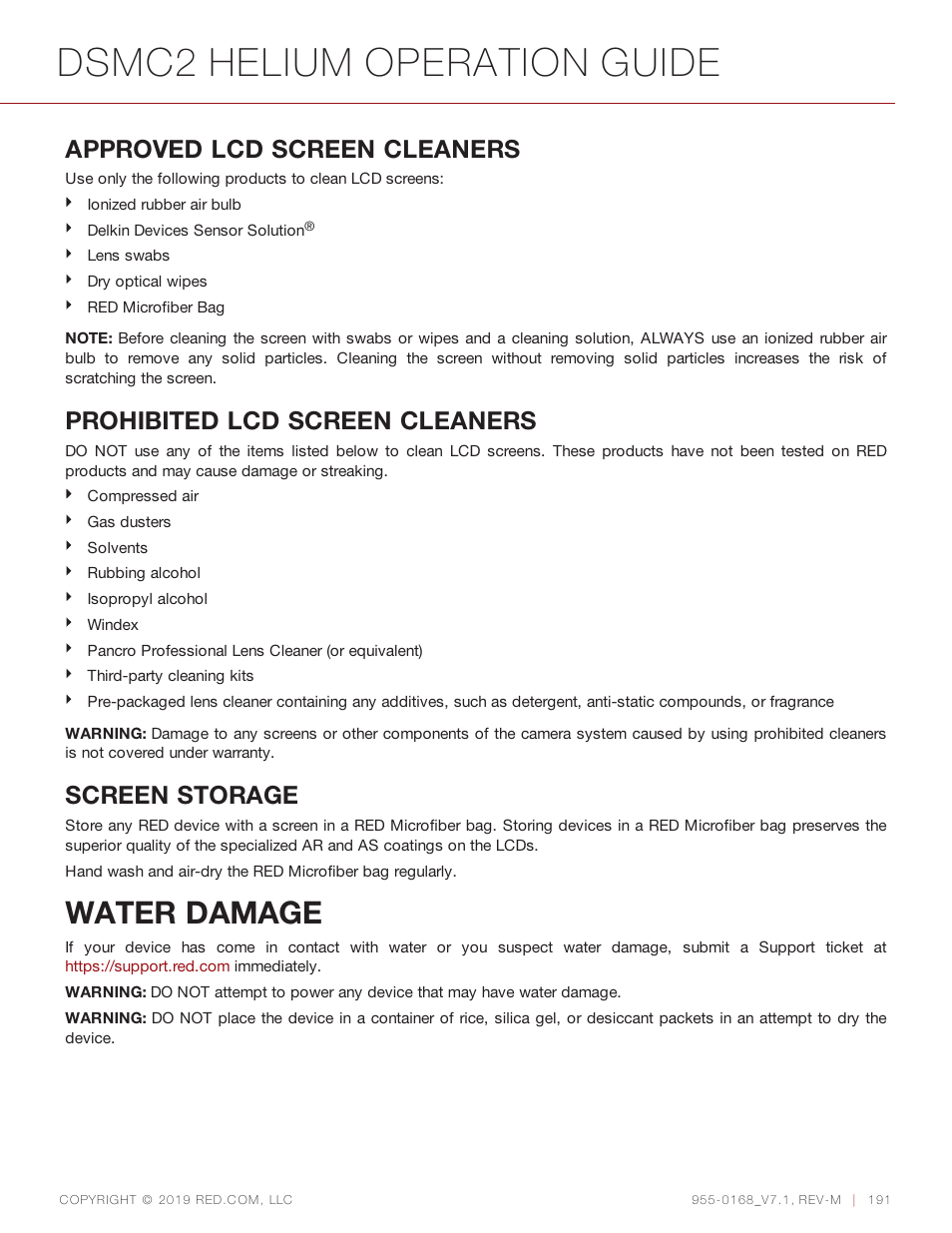 Water damage, Dsmc2 helium operation guide, Approved lcd screen cleaners | Prohibited lcd screen cleaners, Screen storage | RED DIGITAL CINEMA DSMC2 BRAIN with HELIUM 8K S35 Sensor (2018 Unified DSMC2 Lineup) User Manual | Page 191 / 266