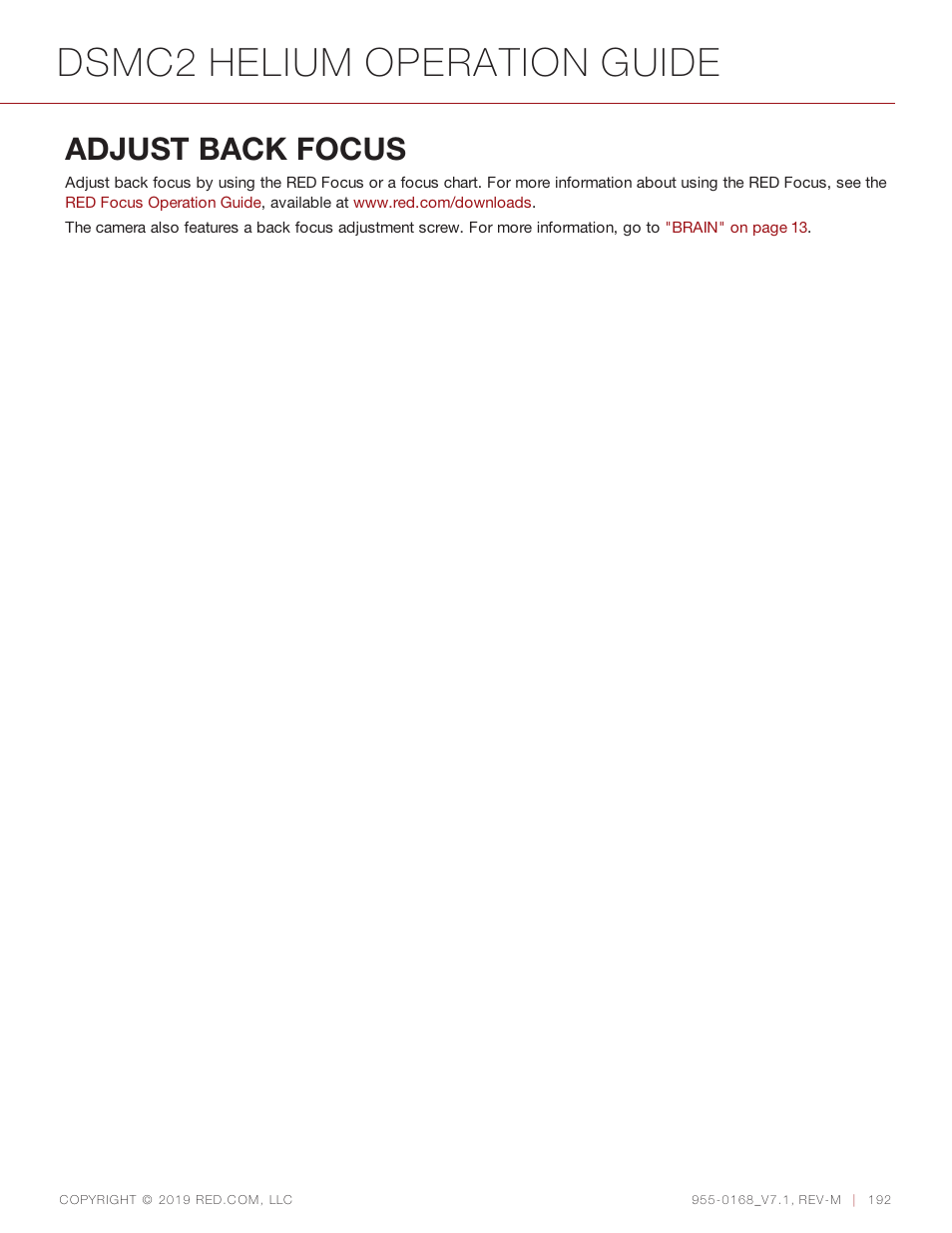 Adjust back focus, Dsmc2 helium operation guide | RED DIGITAL CINEMA DSMC2 BRAIN with HELIUM 8K S35 Sensor (2018 Unified DSMC2 Lineup) User Manual | Page 192 / 266