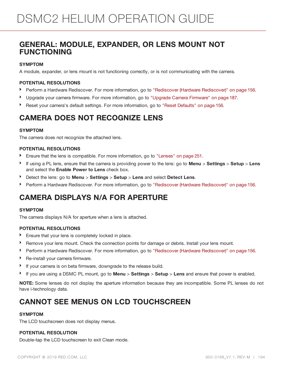 Dsmc2 helium operation guide, Camera does not recognize lens, Camera displays n/a for aperture | Cannot see menus on lcd touchscreen | RED DIGITAL CINEMA DSMC2 BRAIN with HELIUM 8K S35 Sensor (2018 Unified DSMC2 Lineup) User Manual | Page 194 / 266