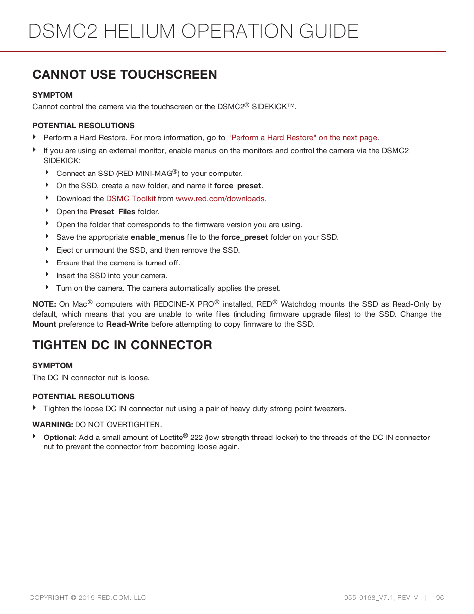 Dsmc2 helium operation guide, Cannot use touchscreen, Tighten dc in connector | RED DIGITAL CINEMA DSMC2 BRAIN with HELIUM 8K S35 Sensor (2018 Unified DSMC2 Lineup) User Manual | Page 196 / 266