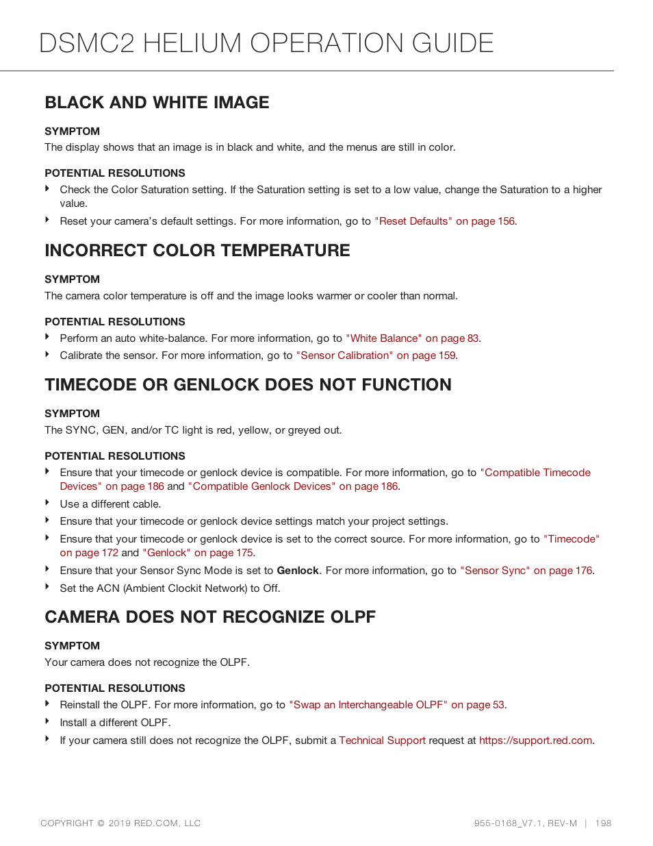 Dsmc2 helium operation guide, Black and white image, Incorrect color temperature | Timecode or genlock does not function, Camera does not recognize olpf | RED DIGITAL CINEMA DSMC2 BRAIN with HELIUM 8K S35 Sensor (2018 Unified DSMC2 Lineup) User Manual | Page 198 / 266