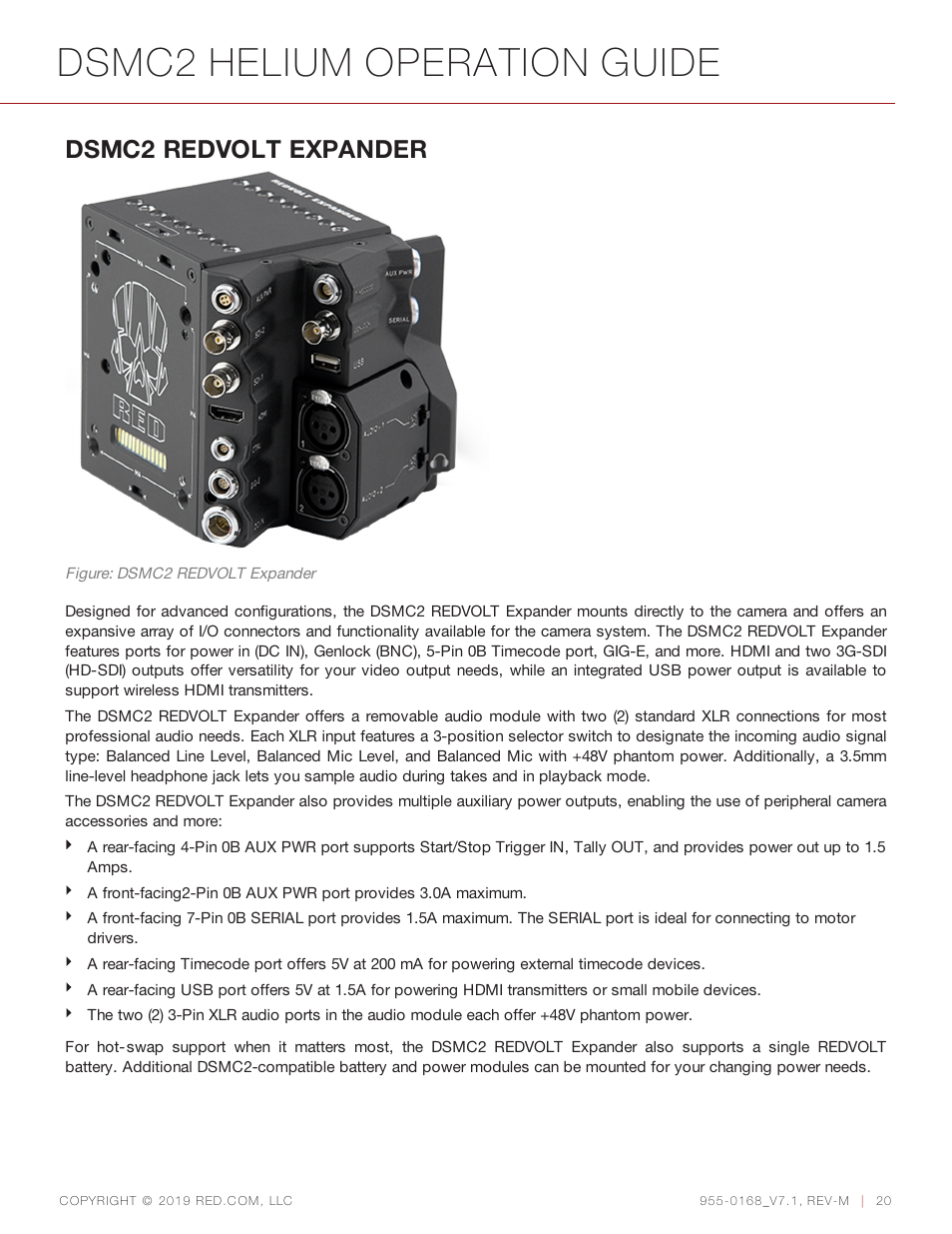 Dsmc2 helium operation guide, Dsmc2 redvolt expander | RED DIGITAL CINEMA DSMC2 BRAIN with HELIUM 8K S35 Sensor (2018 Unified DSMC2 Lineup) User Manual | Page 20 / 266