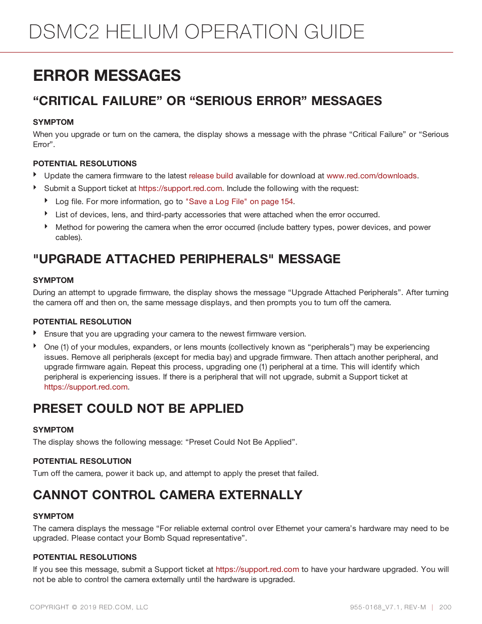 Error messages, Dsmc2 helium operation guide, Critical failure” or “serious error” messages | Upgrade attached peripherals" message, Preset could not be applied, Cannot control camera externally | RED DIGITAL CINEMA DSMC2 BRAIN with HELIUM 8K S35 Sensor (2018 Unified DSMC2 Lineup) User Manual | Page 200 / 266