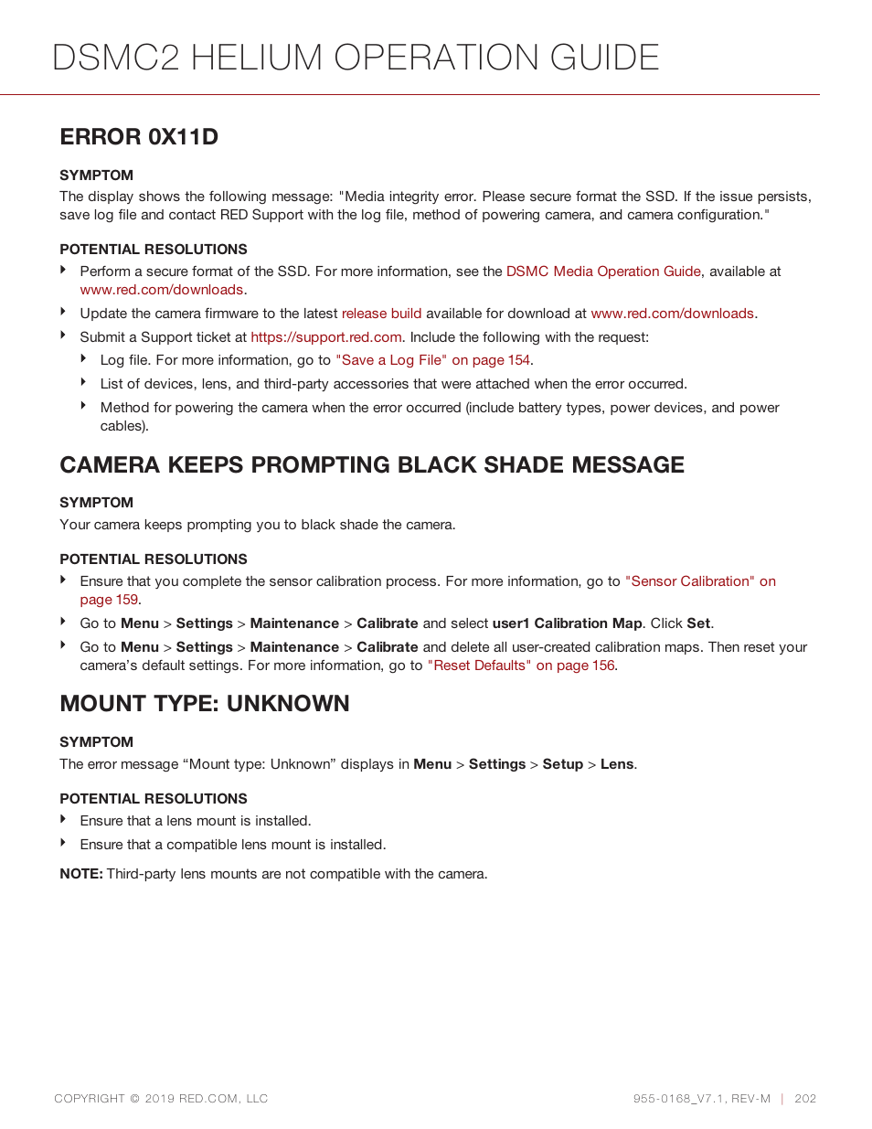 Dsmc2 helium operation guide, Error 0x11d, Camera keeps prompting black shade message | Mount type: unknown | RED DIGITAL CINEMA DSMC2 BRAIN with HELIUM 8K S35 Sensor (2018 Unified DSMC2 Lineup) User Manual | Page 202 / 266