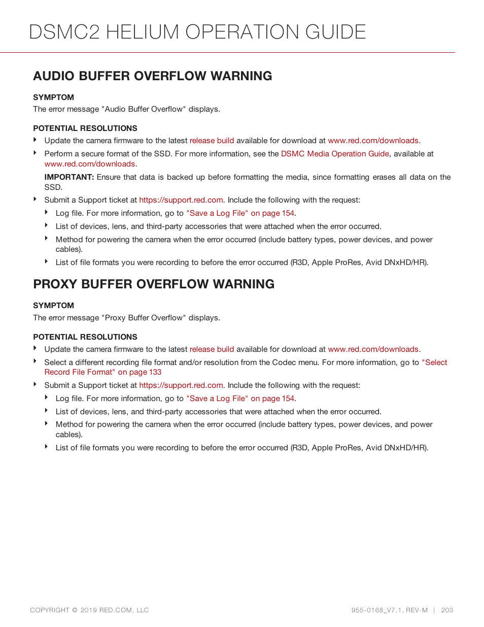 Dsmc2 helium operation guide, Audio buffer overflow warning, Proxy buffer overflow warning | RED DIGITAL CINEMA DSMC2 BRAIN with HELIUM 8K S35 Sensor (2018 Unified DSMC2 Lineup) User Manual | Page 203 / 266