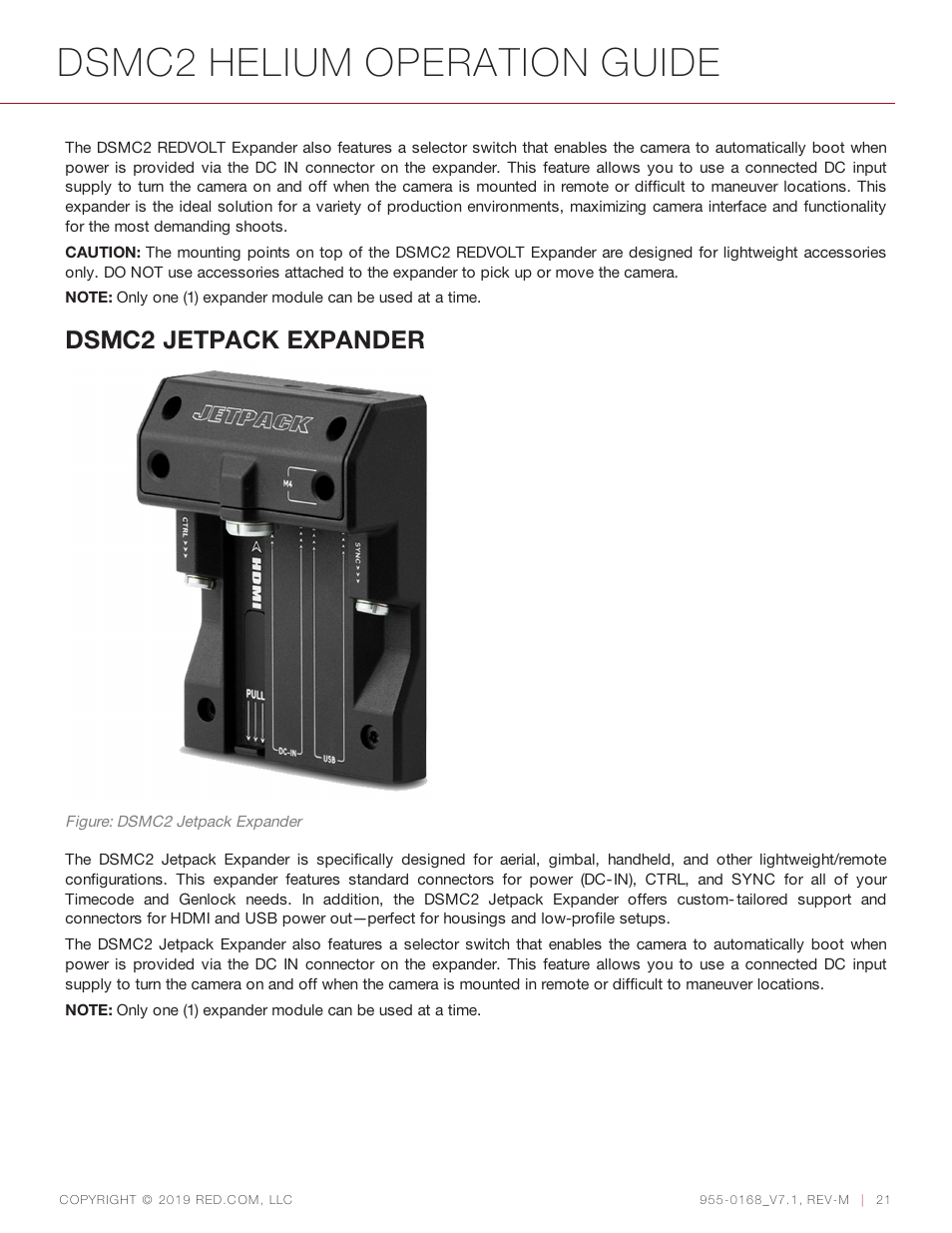 Dsmc2 helium operation guide, Dsmc2 jetpack expander | RED DIGITAL CINEMA DSMC2 BRAIN with HELIUM 8K S35 Sensor (2018 Unified DSMC2 Lineup) User Manual | Page 21 / 266