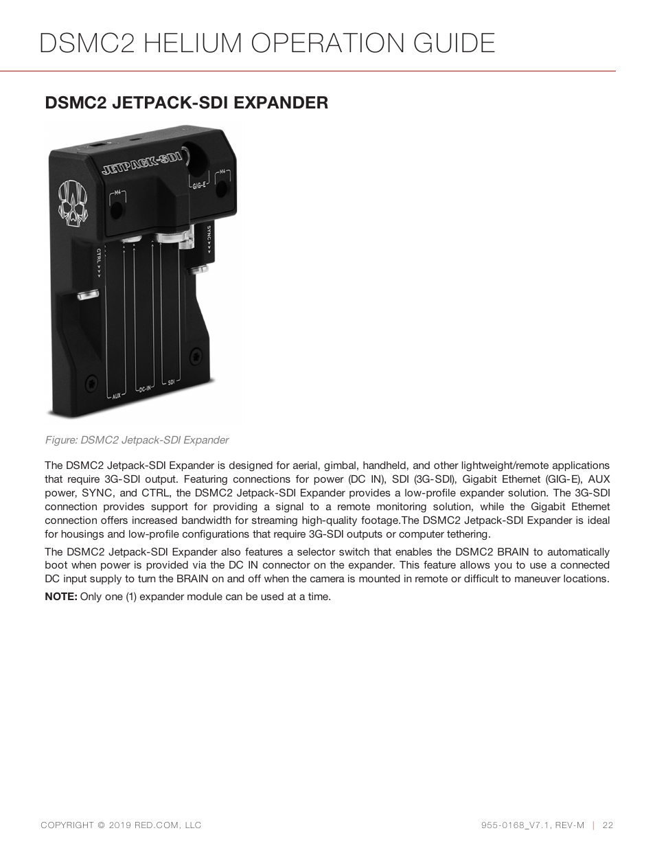 Dsmc2 helium operation guide, Dsmc2 jetpack-sdi expander | RED DIGITAL CINEMA DSMC2 BRAIN with HELIUM 8K S35 Sensor (2018 Unified DSMC2 Lineup) User Manual | Page 22 / 266