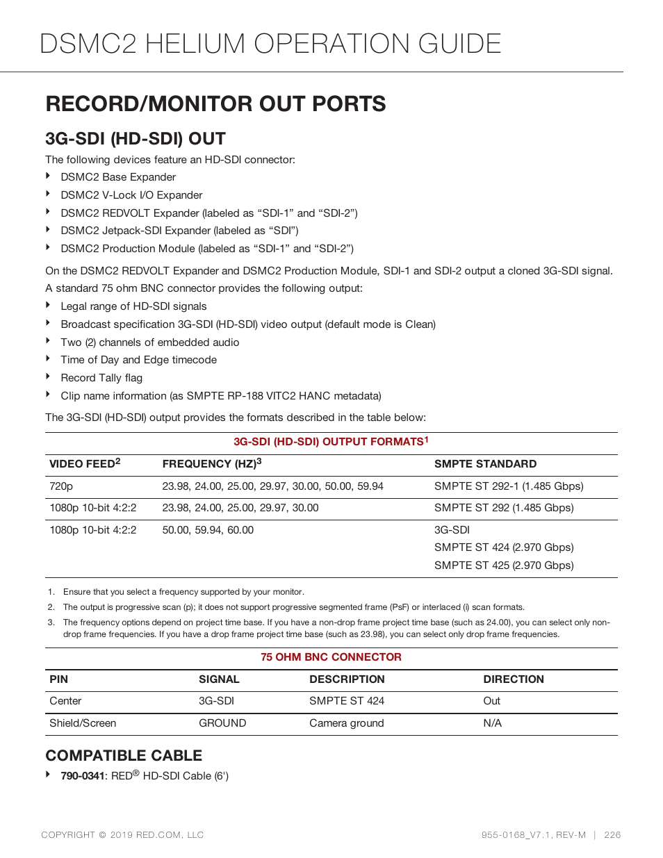 Record/monitor out ports, Record/monitor out, Record/monitor | Dsmc2 helium operation guide, 3g-sdi (hd-sdi) out, Compatible cable | RED DIGITAL CINEMA DSMC2 BRAIN with HELIUM 8K S35 Sensor (2018 Unified DSMC2 Lineup) User Manual | Page 226 / 266