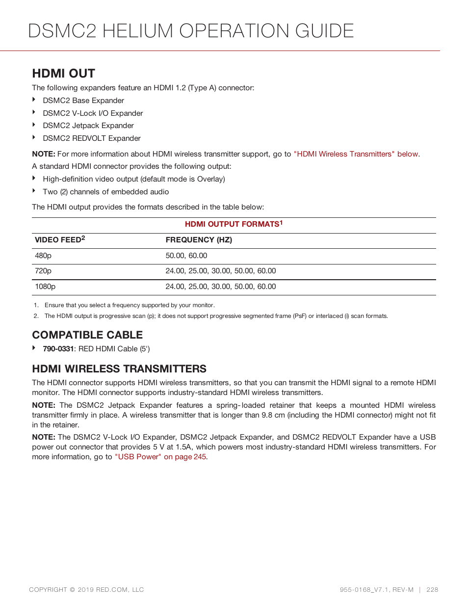 Dsmc2 helium operation guide, Hdmi out, Compatible cable | Hdmi wireless transmitters | RED DIGITAL CINEMA DSMC2 BRAIN with HELIUM 8K S35 Sensor (2018 Unified DSMC2 Lineup) User Manual | Page 228 / 266