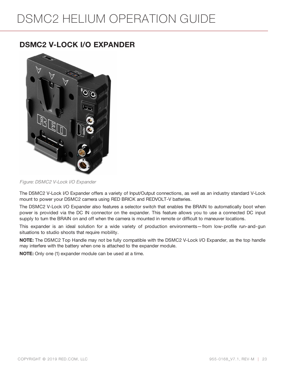 Dsmc2 helium operation guide, Dsmc2 v-lock i/o expander | RED DIGITAL CINEMA DSMC2 BRAIN with HELIUM 8K S35 Sensor (2018 Unified DSMC2 Lineup) User Manual | Page 23 / 266
