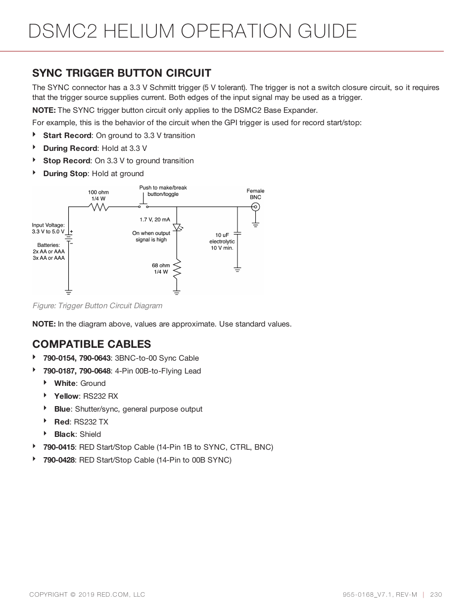 Dsmc2 helium operation guide, Sync trigger button circuit, Compatible cables | RED DIGITAL CINEMA DSMC2 BRAIN with HELIUM 8K S35 Sensor (2018 Unified DSMC2 Lineup) User Manual | Page 230 / 266