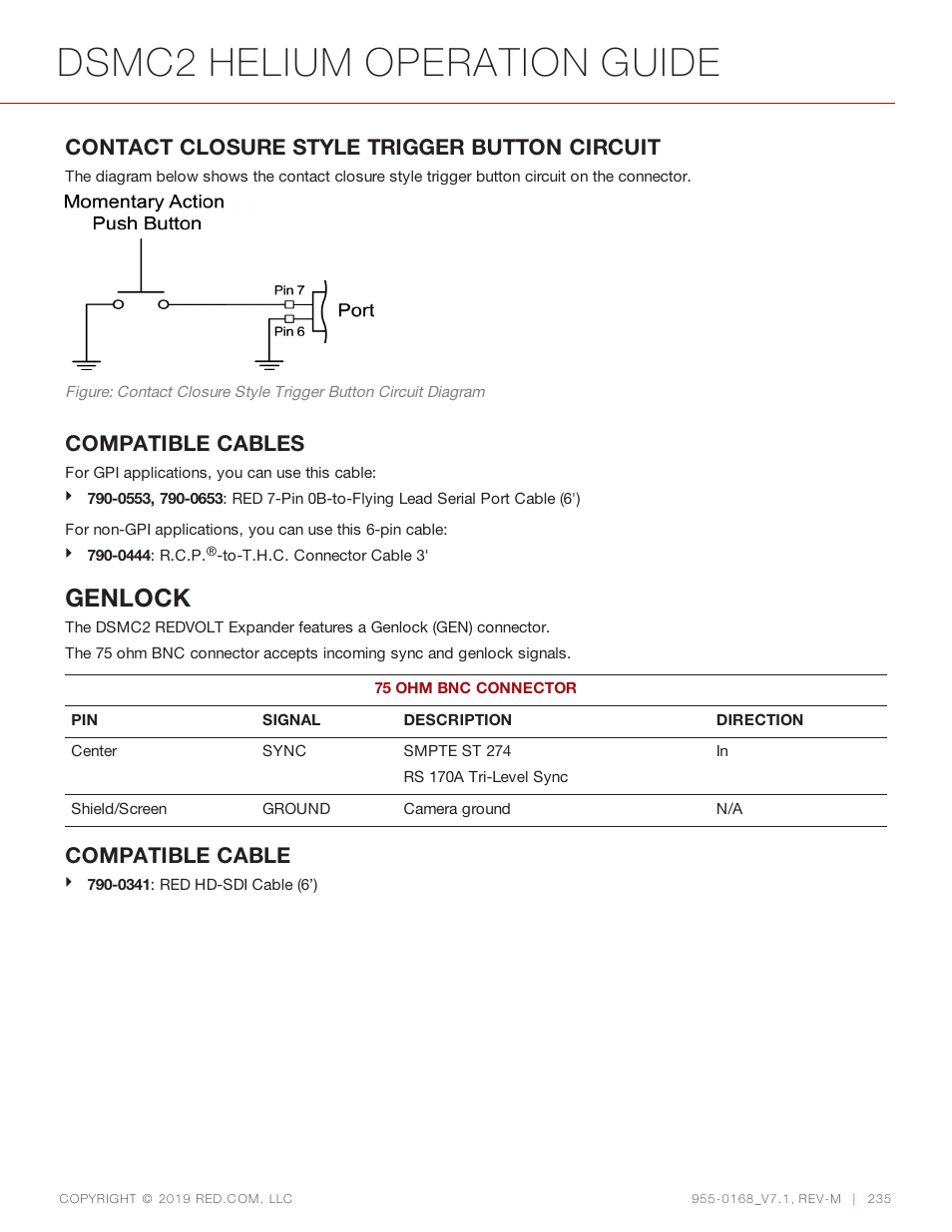 Dsmc2 helium operation guide, Genlock, Contact closure style trigger button circuit | Compatible cables, Compatible cable | RED DIGITAL CINEMA DSMC2 BRAIN with HELIUM 8K S35 Sensor (2018 Unified DSMC2 Lineup) User Manual | Page 235 / 266