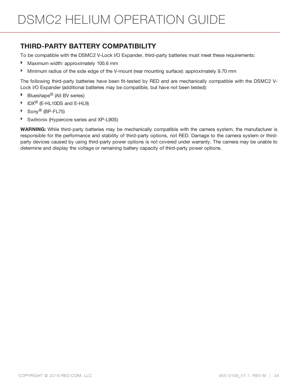 Dsmc2 helium operation guide, Third-party battery compatibility | RED DIGITAL CINEMA DSMC2 BRAIN with HELIUM 8K S35 Sensor (2018 Unified DSMC2 Lineup) User Manual | Page 24 / 266