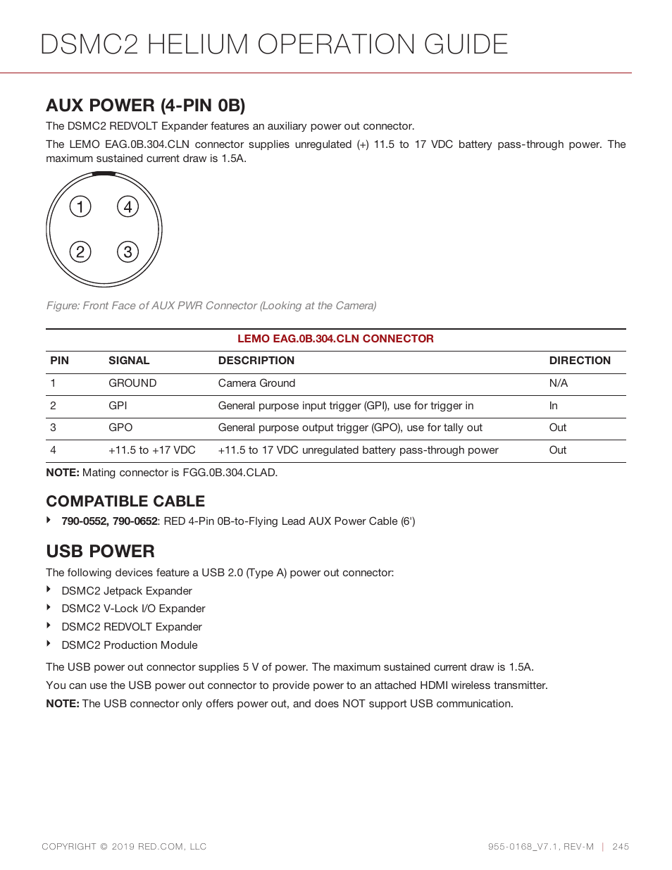 Dsmc2 helium operation guide, Aux power (4-pin 0b), Usb power | Compatible cable | RED DIGITAL CINEMA DSMC2 BRAIN with HELIUM 8K S35 Sensor (2018 Unified DSMC2 Lineup) User Manual | Page 245 / 266