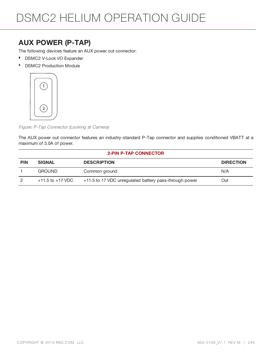 Dsmc2 helium operation guide, Aux power (p-tap) | RED DIGITAL CINEMA DSMC2 BRAIN with HELIUM 8K S35 Sensor (2018 Unified DSMC2 Lineup) User Manual | Page 246 / 266