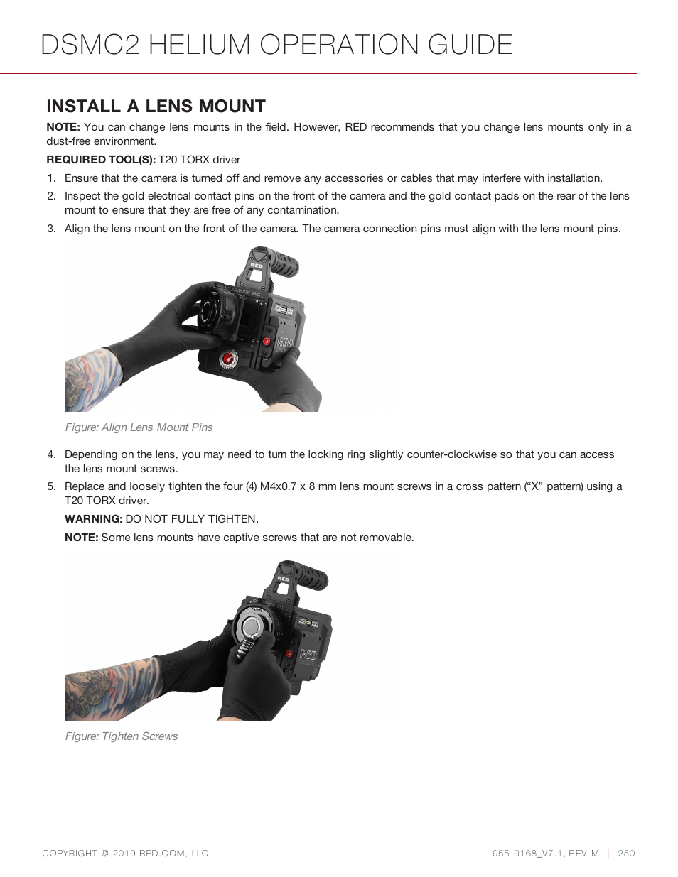 Dsmc2 helium operation guide, Install a lens mount | RED DIGITAL CINEMA DSMC2 BRAIN with HELIUM 8K S35 Sensor (2018 Unified DSMC2 Lineup) User Manual | Page 250 / 266