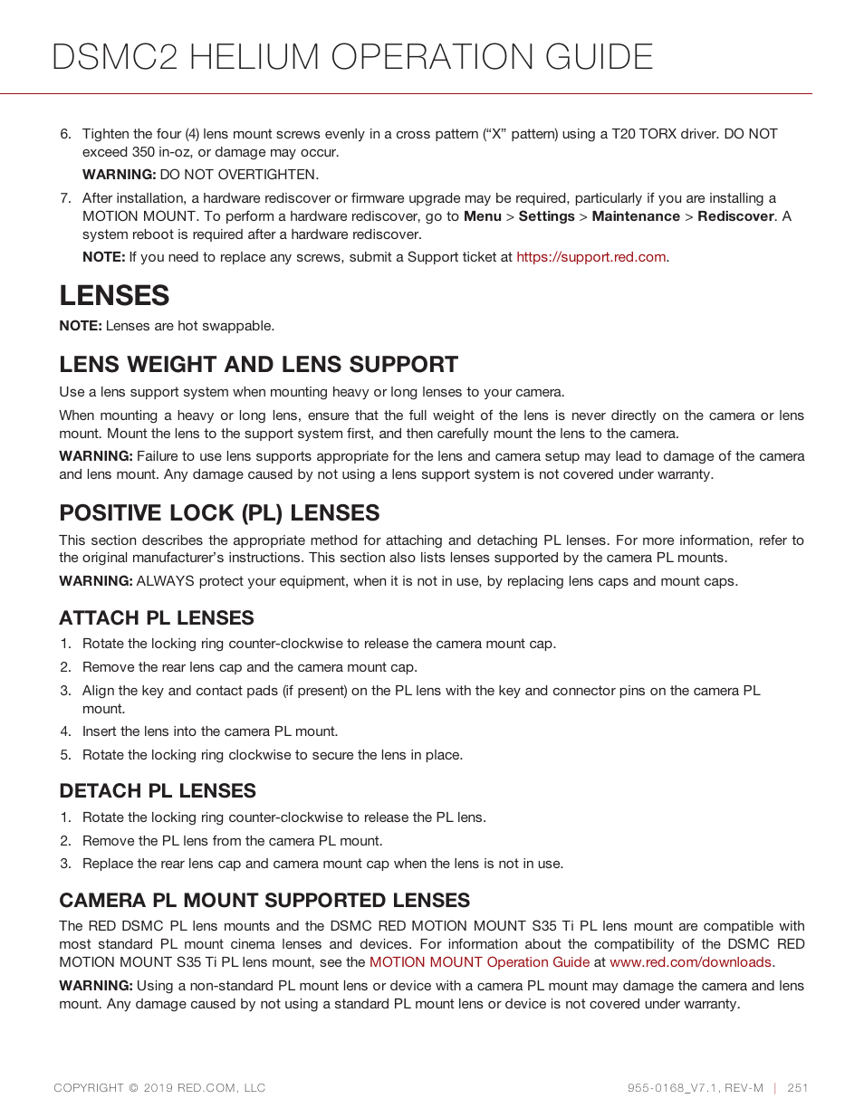 Lenses, Dsmc2 helium operation guide, Lens weight and lens support | Positive lock (pl) lenses, Attach pl lenses, Detach pl lenses, Camera pl mount supported lenses | RED DIGITAL CINEMA DSMC2 BRAIN with HELIUM 8K S35 Sensor (2018 Unified DSMC2 Lineup) User Manual | Page 251 / 266