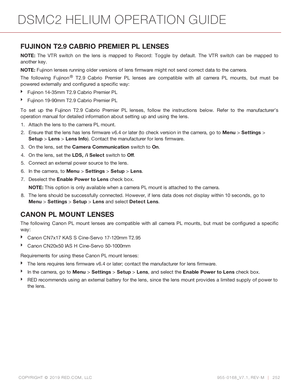 Dsmc2 helium operation guide, Fujinon t2.9 cabrio premier pl lenses, Canon pl mount lenses | RED DIGITAL CINEMA DSMC2 BRAIN with HELIUM 8K S35 Sensor (2018 Unified DSMC2 Lineup) User Manual | Page 252 / 266