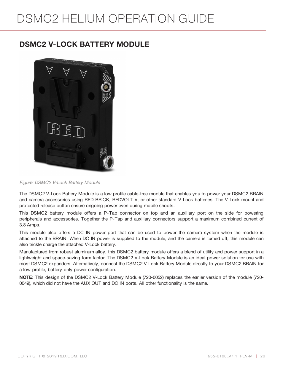 Dsmc2 helium operation guide, Dsmc2 v-lock battery module | RED DIGITAL CINEMA DSMC2 BRAIN with HELIUM 8K S35 Sensor (2018 Unified DSMC2 Lineup) User Manual | Page 26 / 266