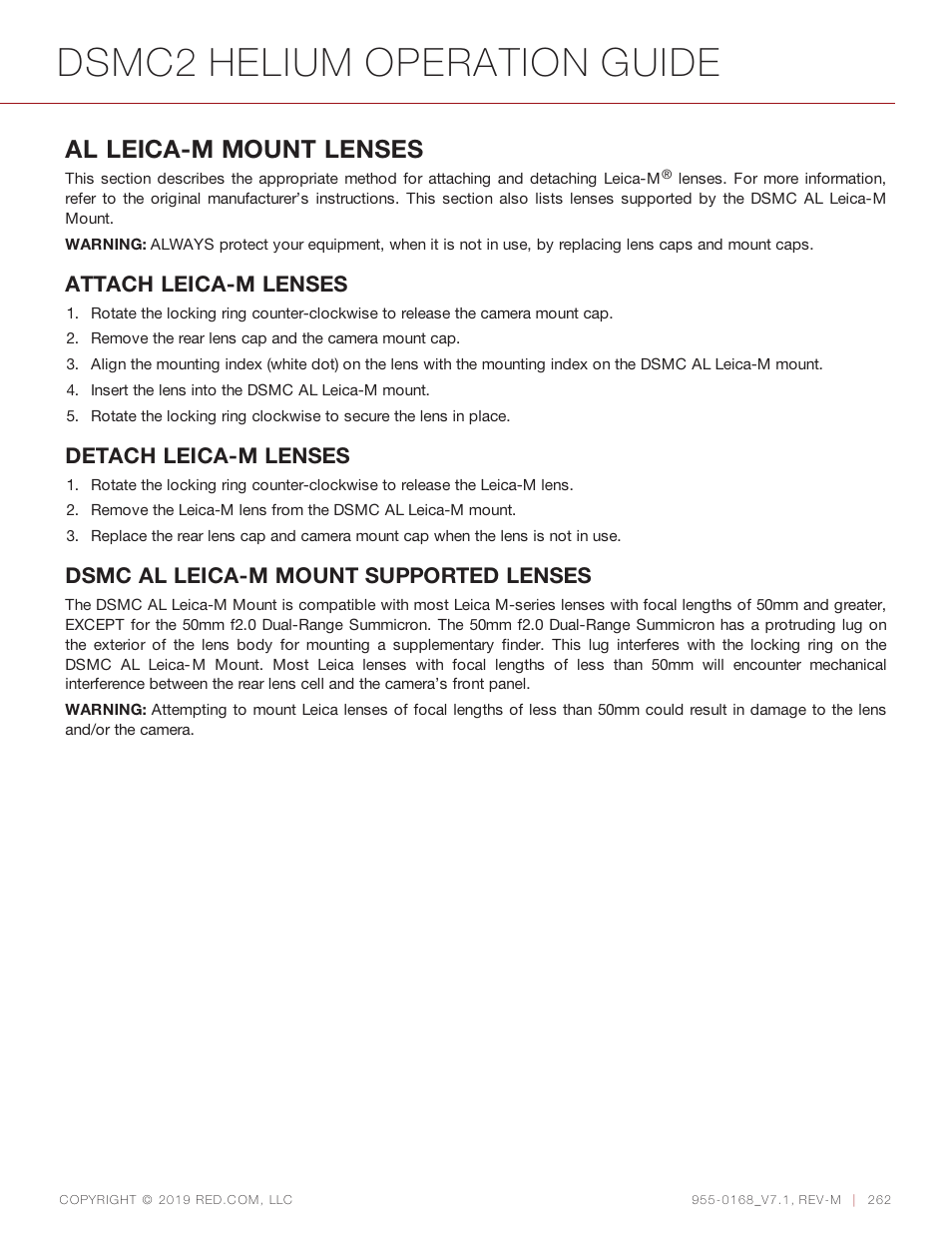 Dsmc2 helium operation guide, Al leica-m mount lenses, Attach leica-m lenses | Detach leica-m lenses, Dsmc al leica-m mount supported lenses | RED DIGITAL CINEMA DSMC2 BRAIN with HELIUM 8K S35 Sensor (2018 Unified DSMC2 Lineup) User Manual | Page 262 / 266