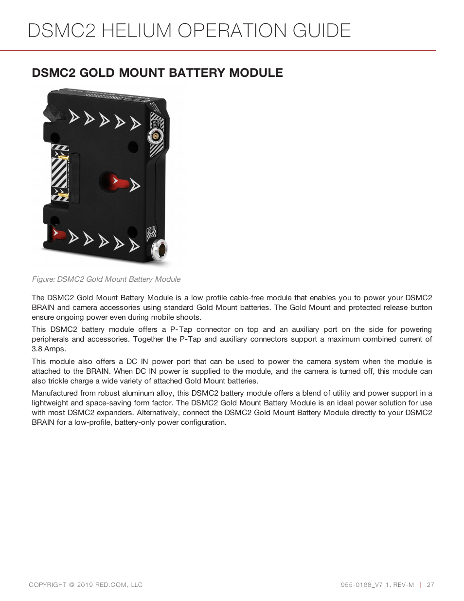 Dsmc2 helium operation guide, Dsmc2 gold mount battery module | RED DIGITAL CINEMA DSMC2 BRAIN with HELIUM 8K S35 Sensor (2018 Unified DSMC2 Lineup) User Manual | Page 27 / 266