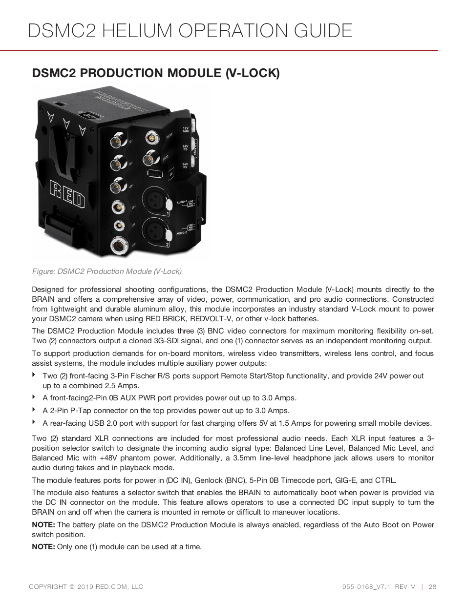 Dsmc2 helium operation guide, Dsmc2 production module (v-lock) | RED DIGITAL CINEMA DSMC2 BRAIN with HELIUM 8K S35 Sensor (2018 Unified DSMC2 Lineup) User Manual | Page 28 / 266