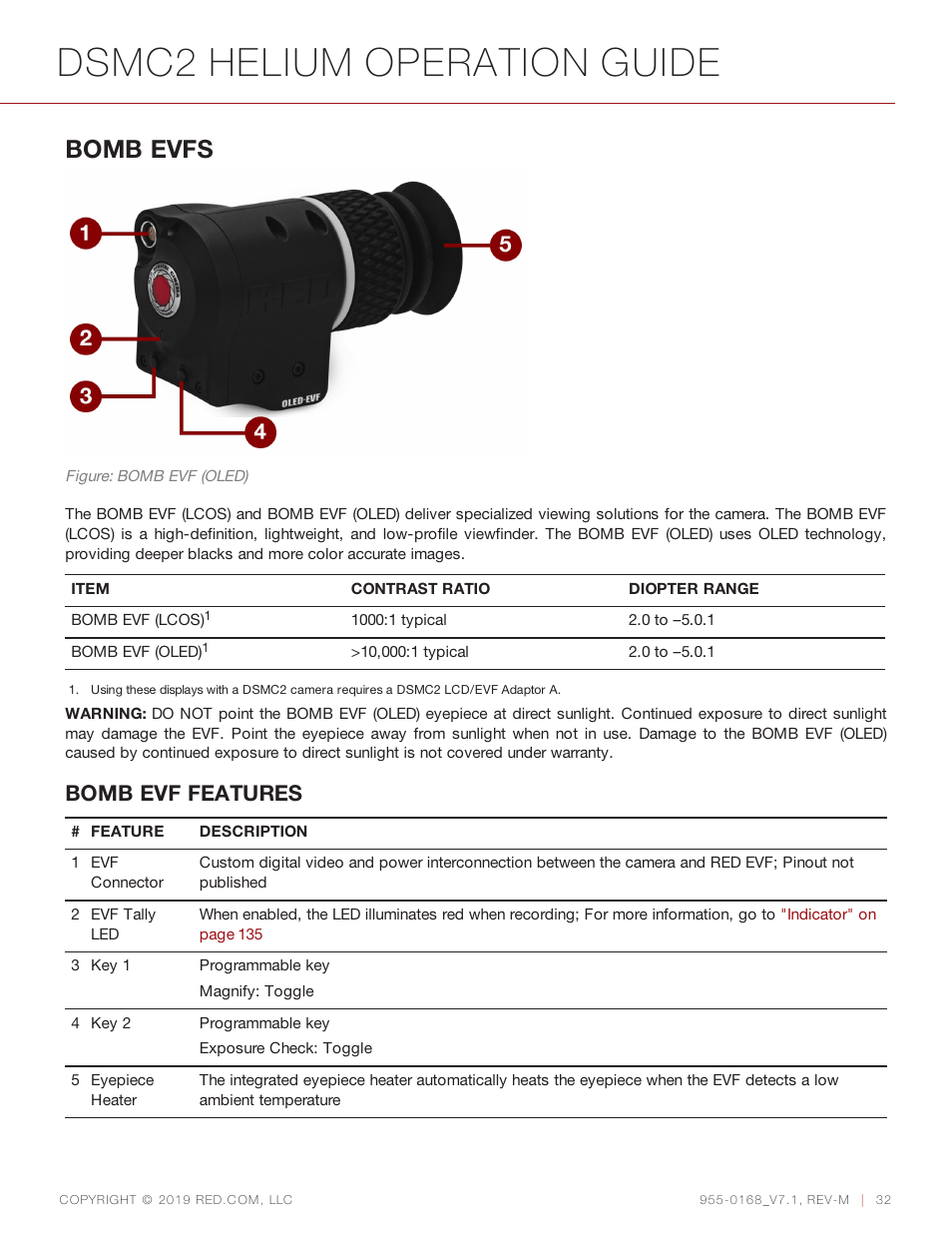 Dsmc2 helium operation guide, Bomb evfs, Bomb evf features | RED DIGITAL CINEMA DSMC2 BRAIN with HELIUM 8K S35 Sensor (2018 Unified DSMC2 Lineup) User Manual | Page 32 / 266