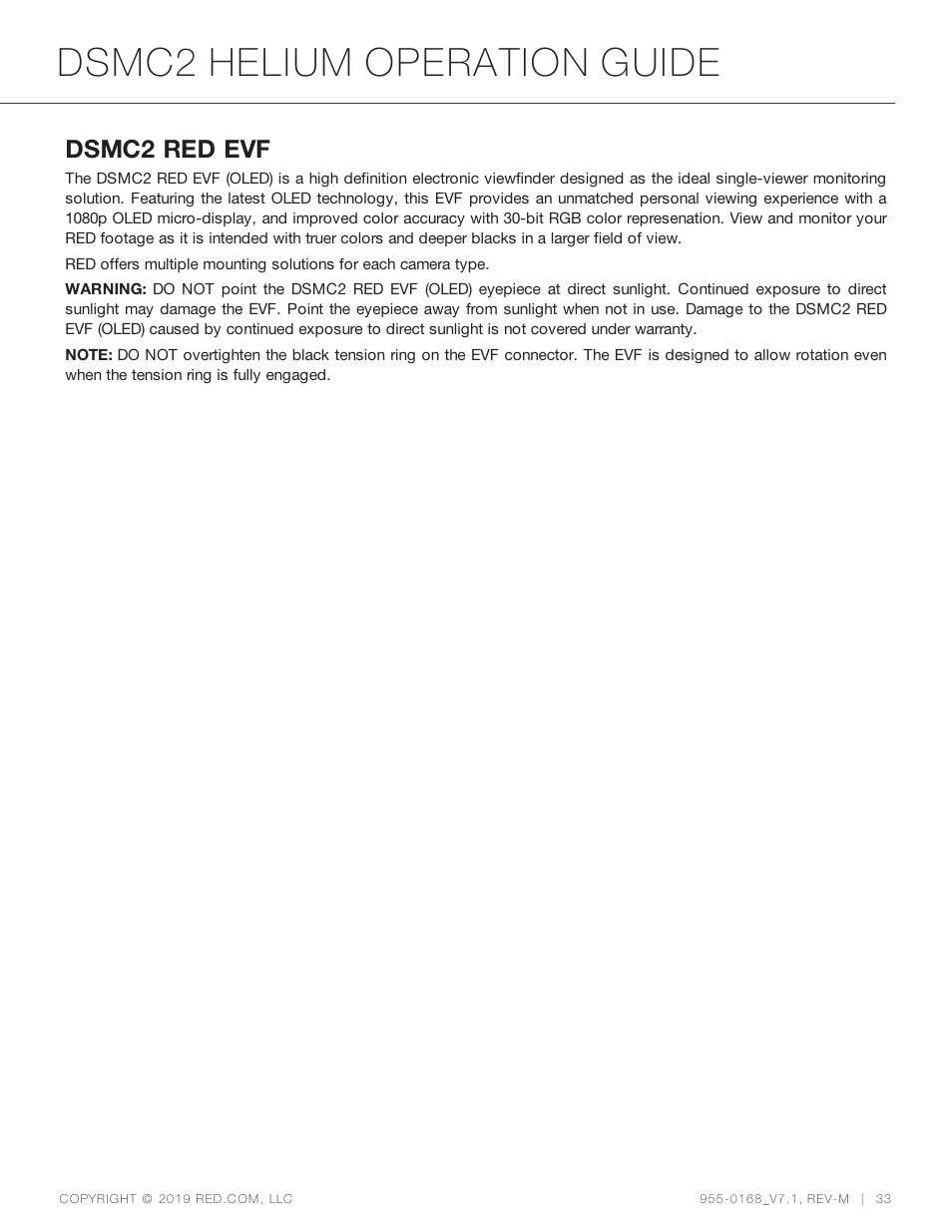 Dsmc2 helium operation guide, Dsmc2 red evf | RED DIGITAL CINEMA DSMC2 BRAIN with HELIUM 8K S35 Sensor (2018 Unified DSMC2 Lineup) User Manual | Page 33 / 266