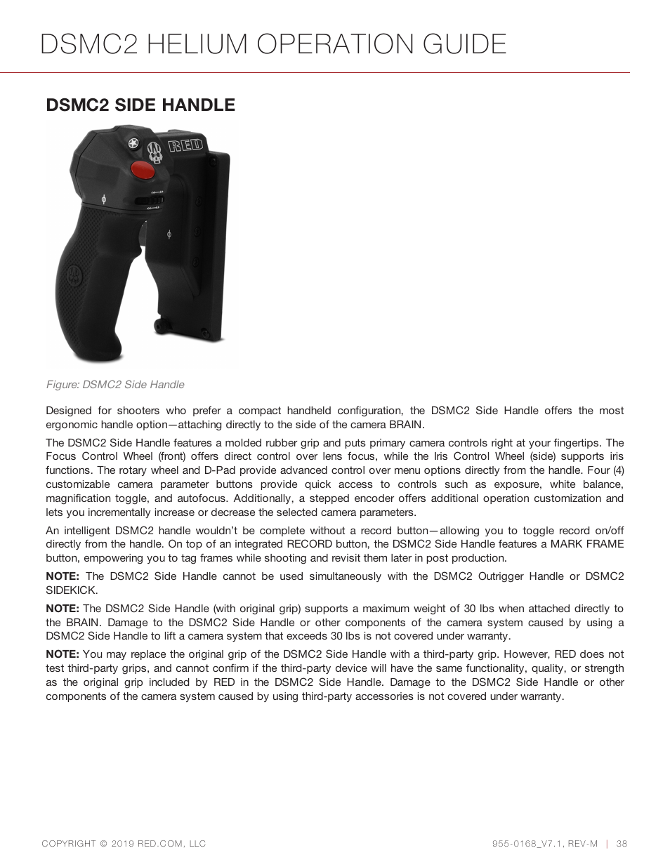 Dsmc2 helium operation guide, Dsmc2 side handle | RED DIGITAL CINEMA DSMC2 BRAIN with HELIUM 8K S35 Sensor (2018 Unified DSMC2 Lineup) User Manual | Page 38 / 266