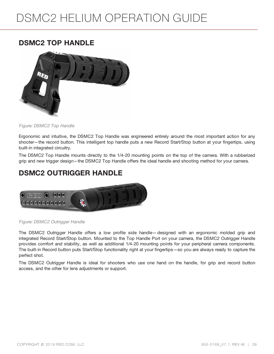 Dsmc2 helium operation guide, Dsmc2 top handle, Dsmc2 outrigger handle | RED DIGITAL CINEMA DSMC2 BRAIN with HELIUM 8K S35 Sensor (2018 Unified DSMC2 Lineup) User Manual | Page 39 / 266