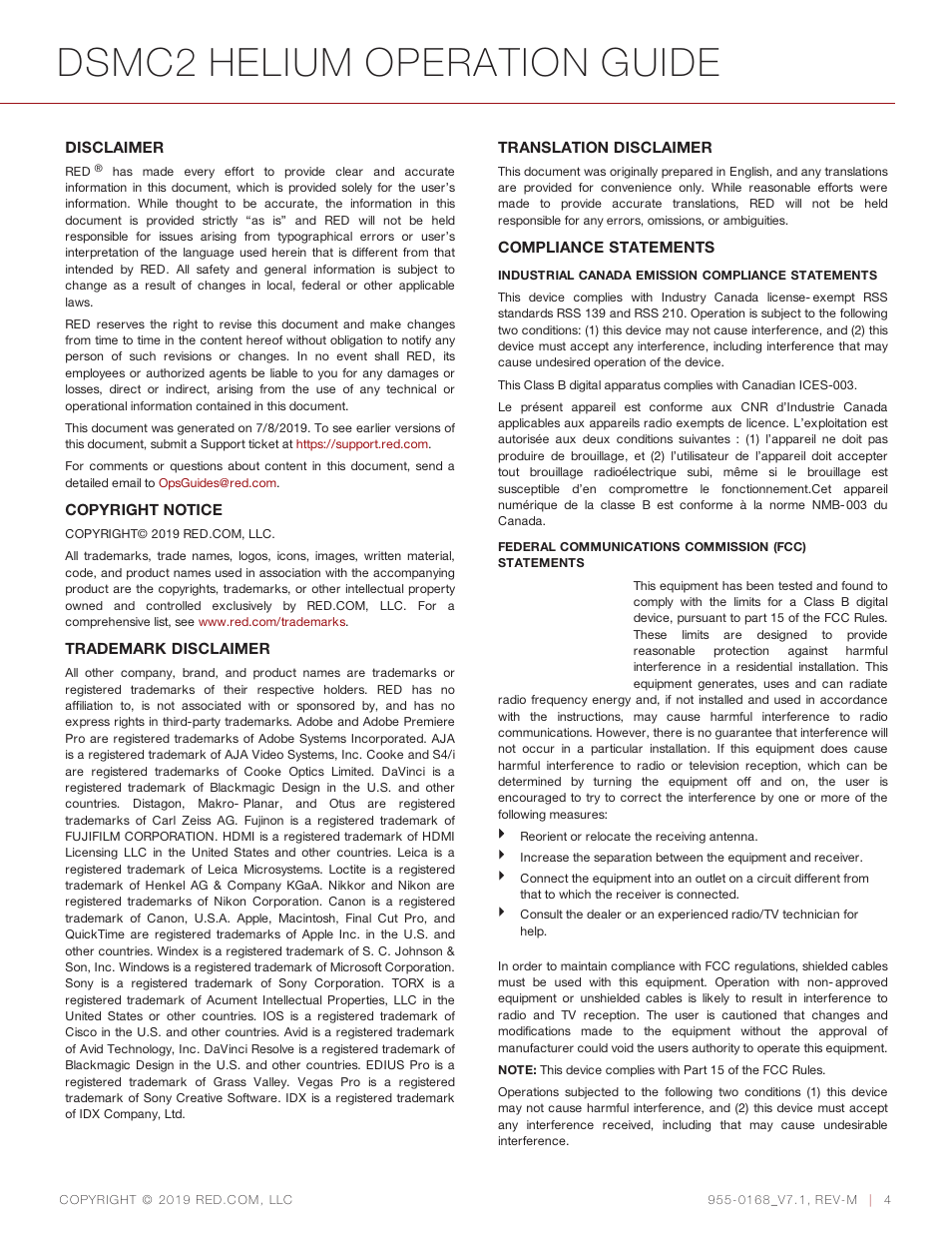 Disclaimer, Copyright notice, Trademark disclaimer | Translation disclaimer, Compliance statements, Dsmc2 helium operation guide | RED DIGITAL CINEMA DSMC2 BRAIN with HELIUM 8K S35 Sensor (2018 Unified DSMC2 Lineup) User Manual | Page 4 / 266