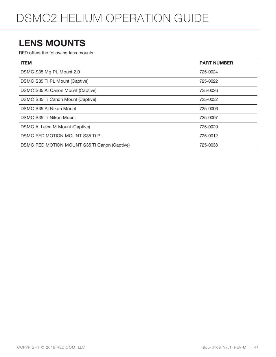 Lens mounts, Dsmc2 helium operation guide | RED DIGITAL CINEMA DSMC2 BRAIN with HELIUM 8K S35 Sensor (2018 Unified DSMC2 Lineup) User Manual | Page 41 / 266