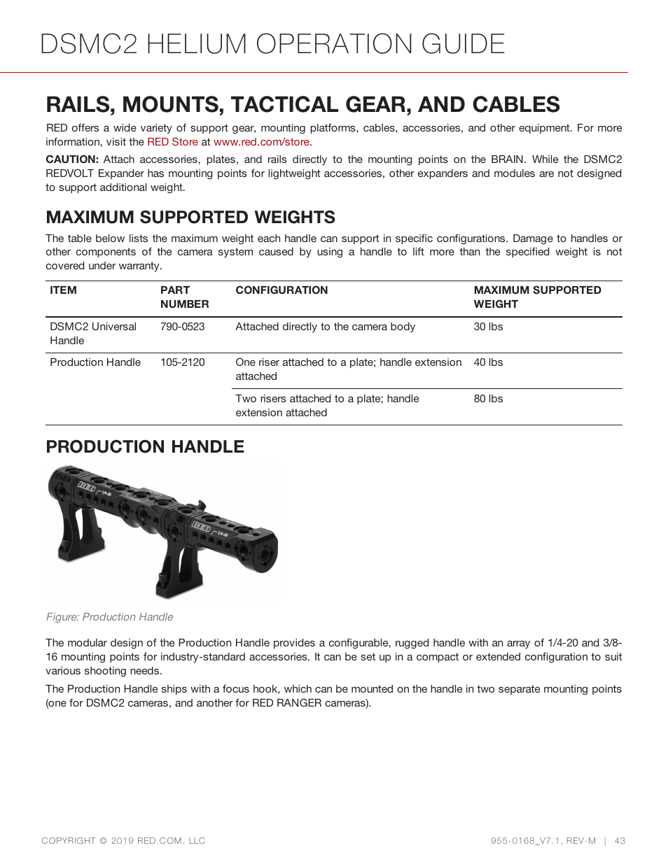 Rails, mounts, tactical gear, and cables, Dsmc2 helium operation guide, Maximum supported weights | Production handle | RED DIGITAL CINEMA DSMC2 BRAIN with HELIUM 8K S35 Sensor (2018 Unified DSMC2 Lineup) User Manual | Page 43 / 266