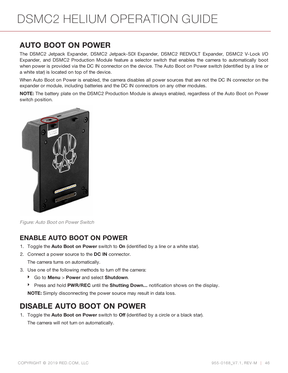 Dsmc2 helium operation guide, Auto boot on power, Disable auto boot on power | Enable auto boot on power | RED DIGITAL CINEMA DSMC2 BRAIN with HELIUM 8K S35 Sensor (2018 Unified DSMC2 Lineup) User Manual | Page 46 / 266