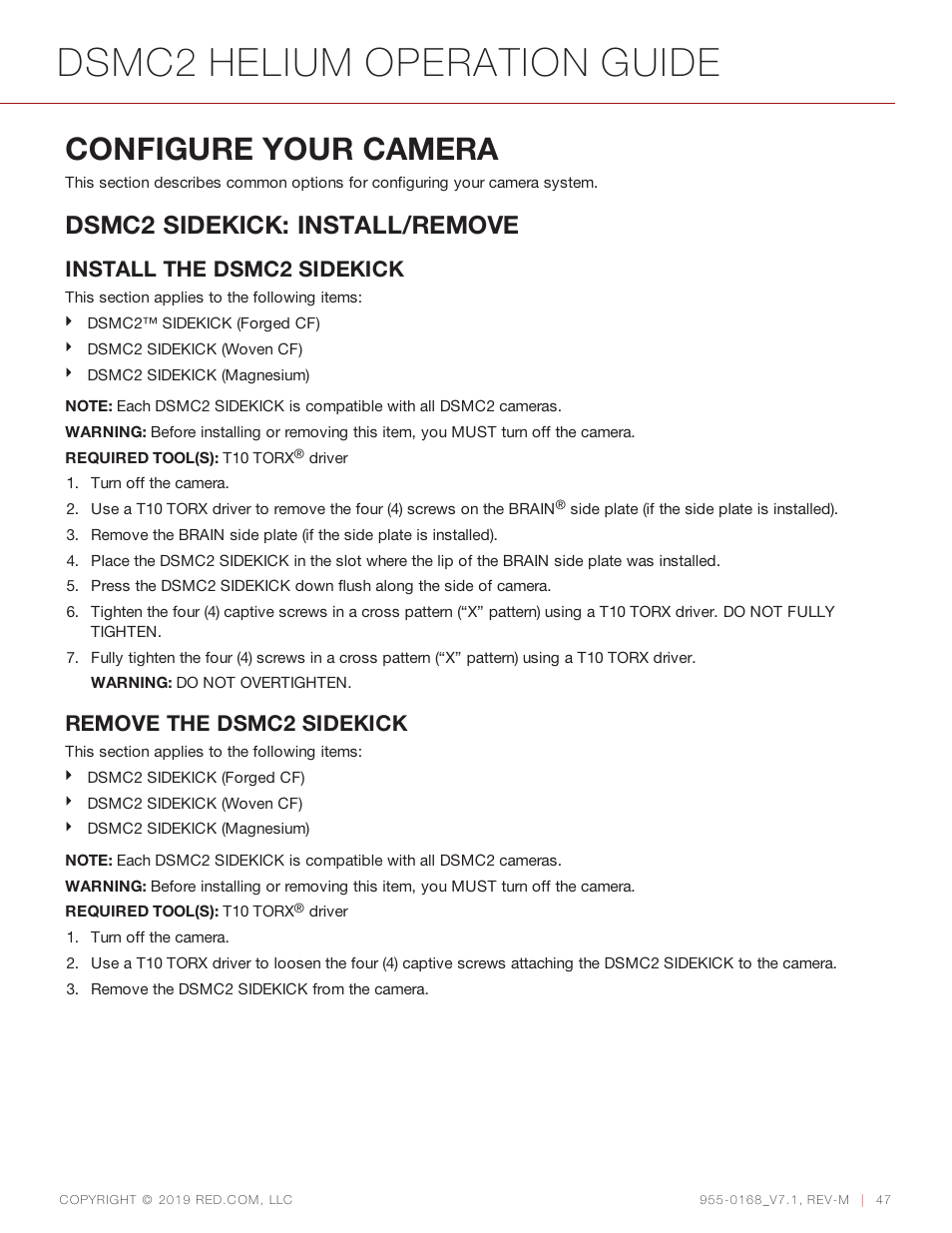 Configure your camera, Dsmc2 helium operation guide, Dsmc2 sidekick: install/remove | Install the dsmc2 sidekick, Remove the dsmc2 sidekick | RED DIGITAL CINEMA DSMC2 BRAIN with HELIUM 8K S35 Sensor (2018 Unified DSMC2 Lineup) User Manual | Page 47 / 266