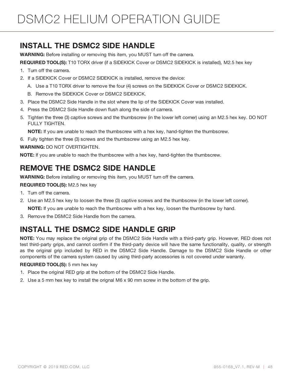 Dsmc2 helium operation guide, Install the dsmc2 side handle, Remove the dsmc2 side handle | Install the dsmc2 side handle grip | RED DIGITAL CINEMA DSMC2 BRAIN with HELIUM 8K S35 Sensor (2018 Unified DSMC2 Lineup) User Manual | Page 48 / 266