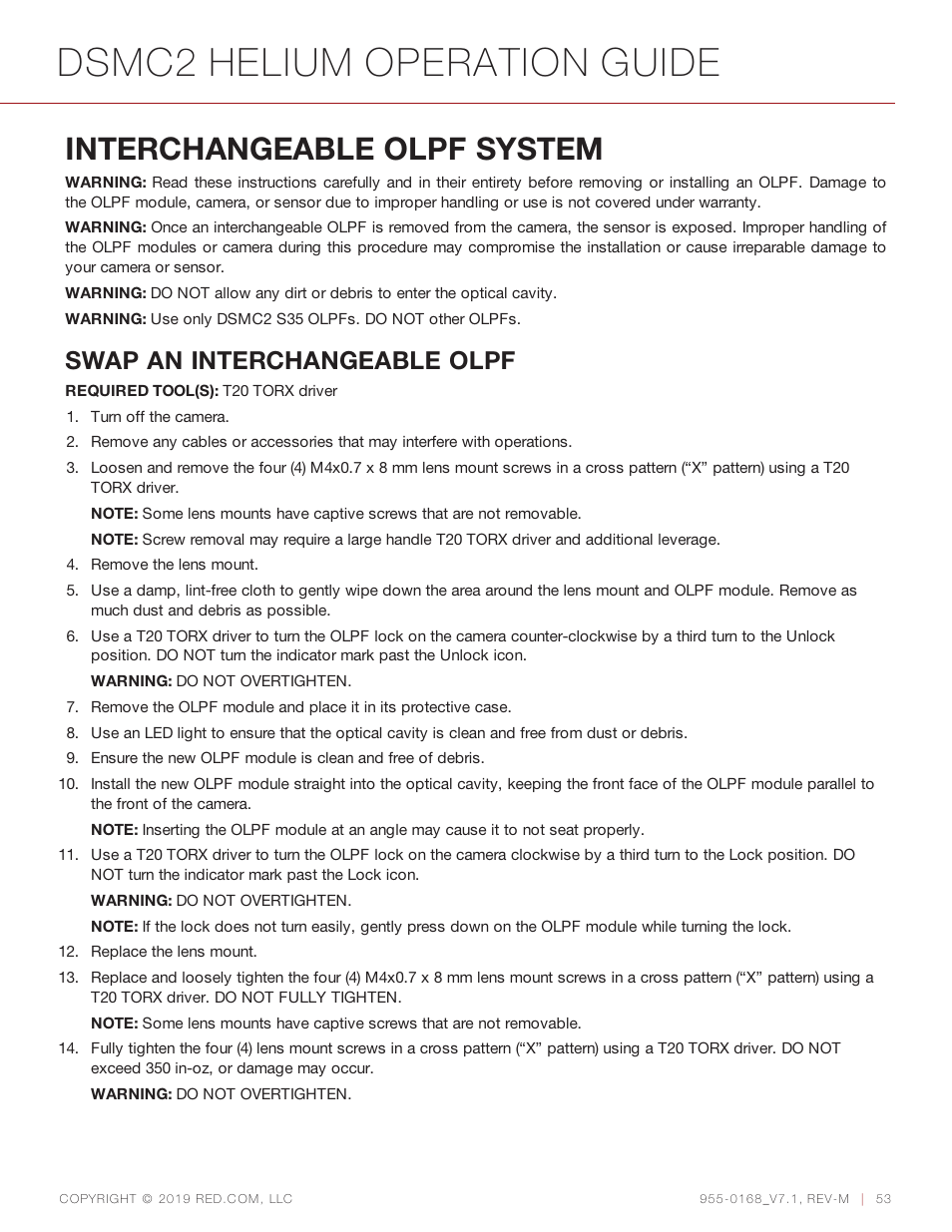 Interchangeable olpf system, Dsmc2 helium operation guide, Swap an interchangeable olpf | RED DIGITAL CINEMA DSMC2 BRAIN with HELIUM 8K S35 Sensor (2018 Unified DSMC2 Lineup) User Manual | Page 53 / 266