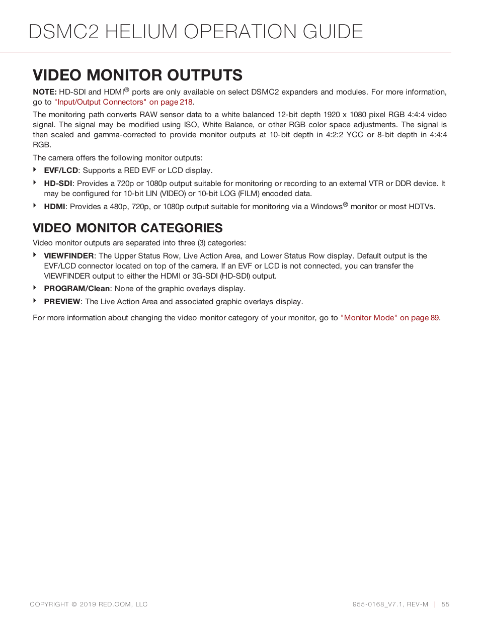 Video monitor outputs, Dsmc2 helium operation guide, Video monitor categories | RED DIGITAL CINEMA DSMC2 BRAIN with HELIUM 8K S35 Sensor (2018 Unified DSMC2 Lineup) User Manual | Page 55 / 266