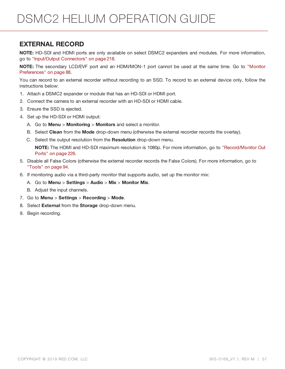 Dsmc2 helium operation guide, External record | RED DIGITAL CINEMA DSMC2 BRAIN with HELIUM 8K S35 Sensor (2018 Unified DSMC2 Lineup) User Manual | Page 57 / 266