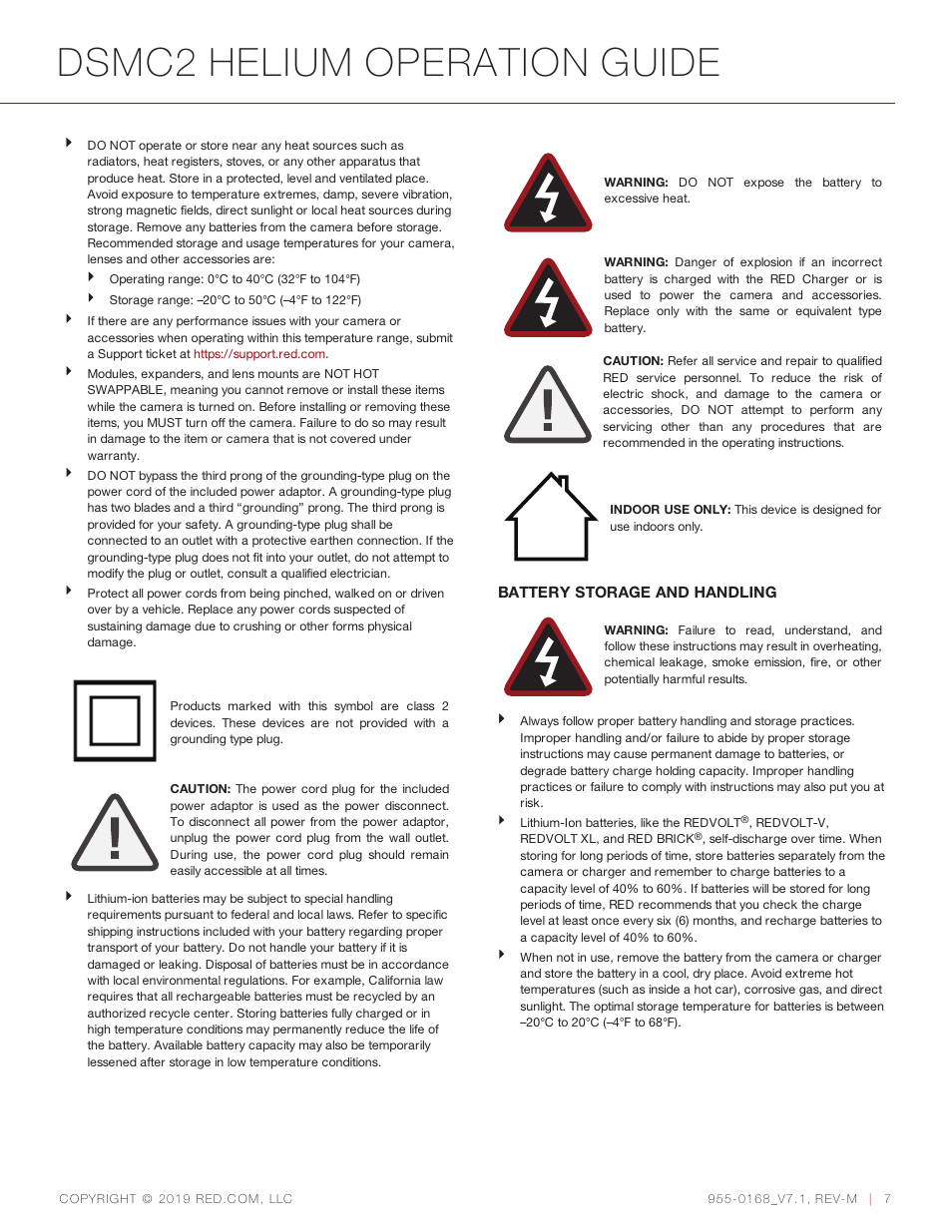 Battery storage and handling, Dsmc2 helium operation guide | RED DIGITAL CINEMA DSMC2 BRAIN with HELIUM 8K S35 Sensor (2018 Unified DSMC2 Lineup) User Manual | Page 7 / 266