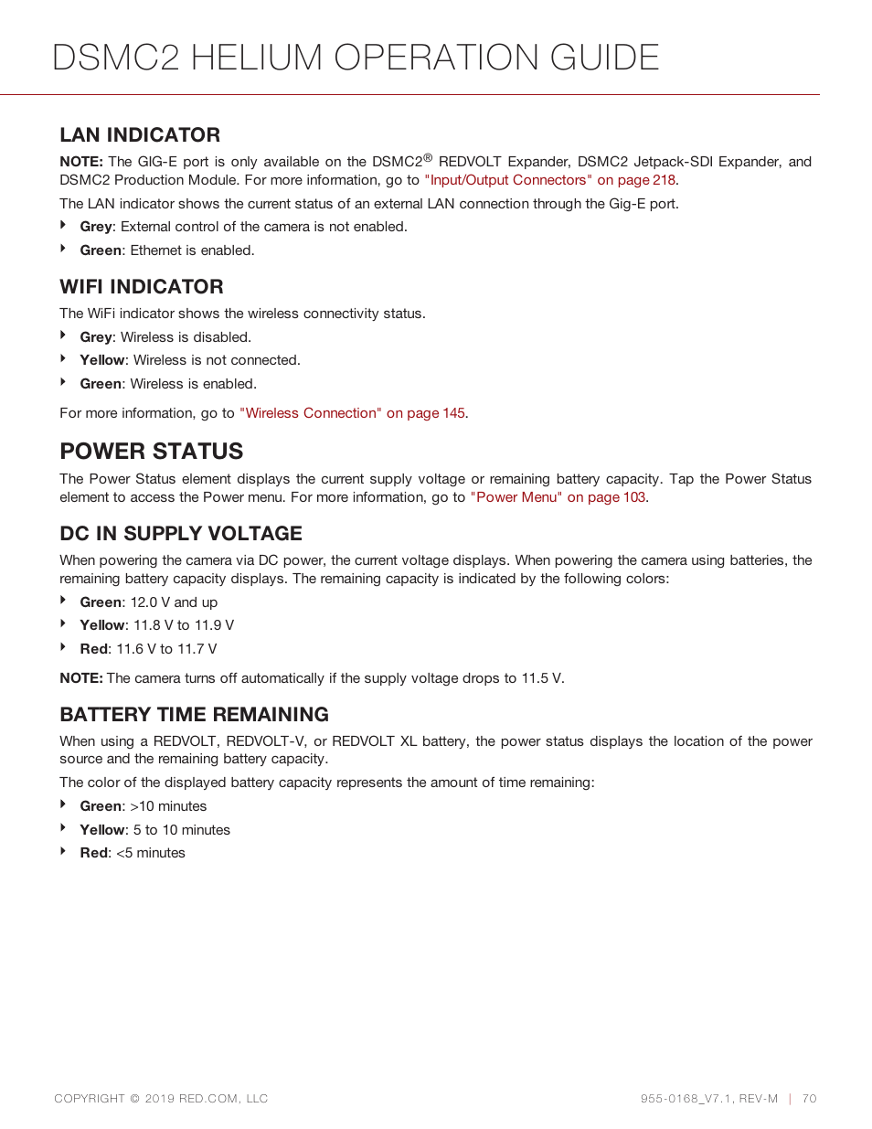 Dsmc2 helium operation guide, Power status, Lan indicator | Wifi indicator, Dc in supply voltage, Battery time remaining | RED DIGITAL CINEMA DSMC2 BRAIN with HELIUM 8K S35 Sensor (2018 Unified DSMC2 Lineup) User Manual | Page 70 / 266