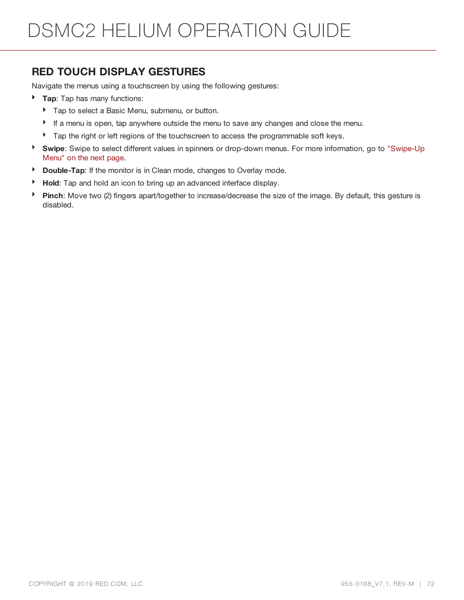 Dsmc2 helium operation guide, Red touch display gestures | RED DIGITAL CINEMA DSMC2 BRAIN with HELIUM 8K S35 Sensor (2018 Unified DSMC2 Lineup) User Manual | Page 72 / 266