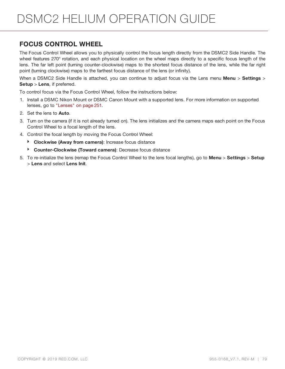 Dsmc2 helium operation guide, Focus control wheel | RED DIGITAL CINEMA DSMC2 BRAIN with HELIUM 8K S35 Sensor (2018 Unified DSMC2 Lineup) User Manual | Page 79 / 266