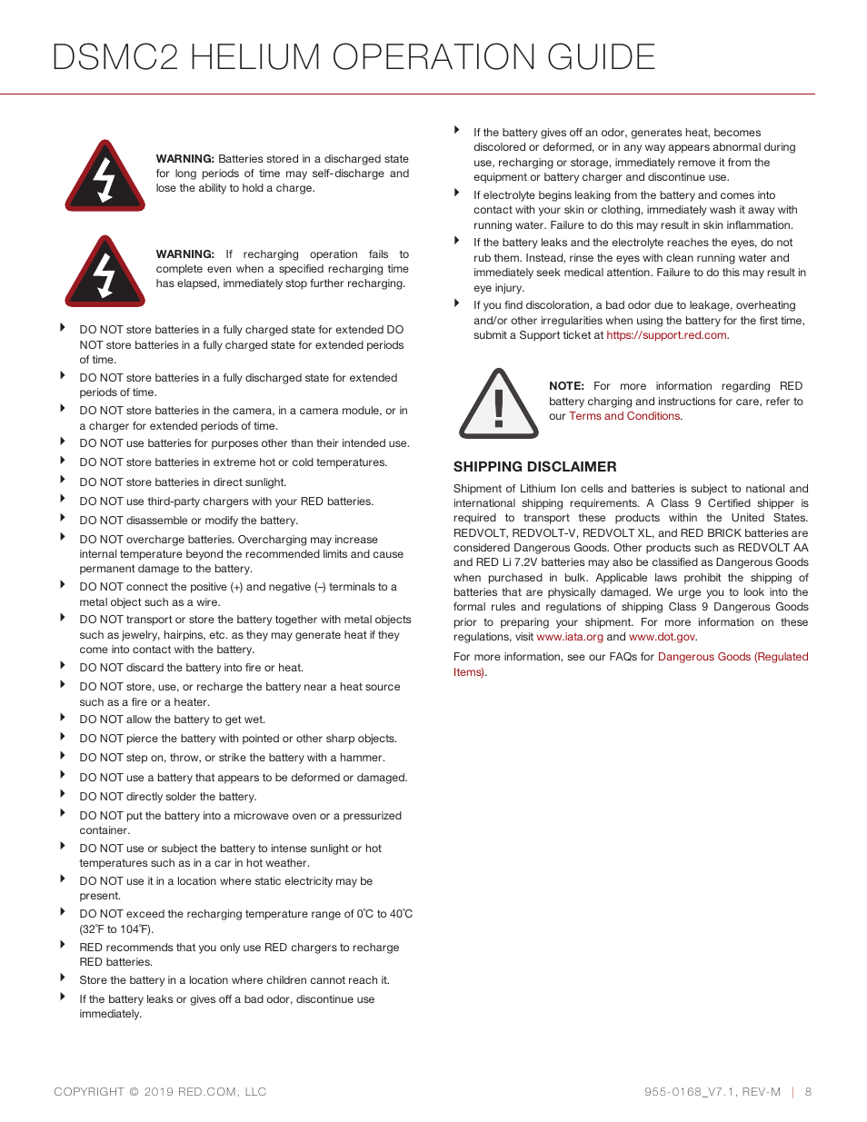 Shipping disclaimer, Dsmc2 helium operation guide | RED DIGITAL CINEMA DSMC2 BRAIN with HELIUM 8K S35 Sensor (2018 Unified DSMC2 Lineup) User Manual | Page 8 / 266