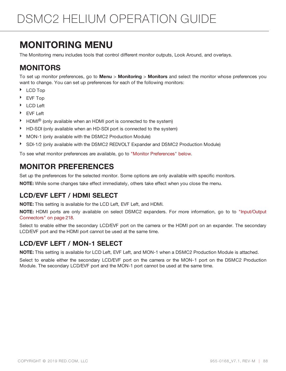 Monitoring menu, Monitor, Dsmc2 helium operation guide | Monitors, Monitor preferences, Lcd/evf left / hdmi select, Lcd/evf left / mon-1 select | RED DIGITAL CINEMA DSMC2 BRAIN with HELIUM 8K S35 Sensor (2018 Unified DSMC2 Lineup) User Manual | Page 88 / 266