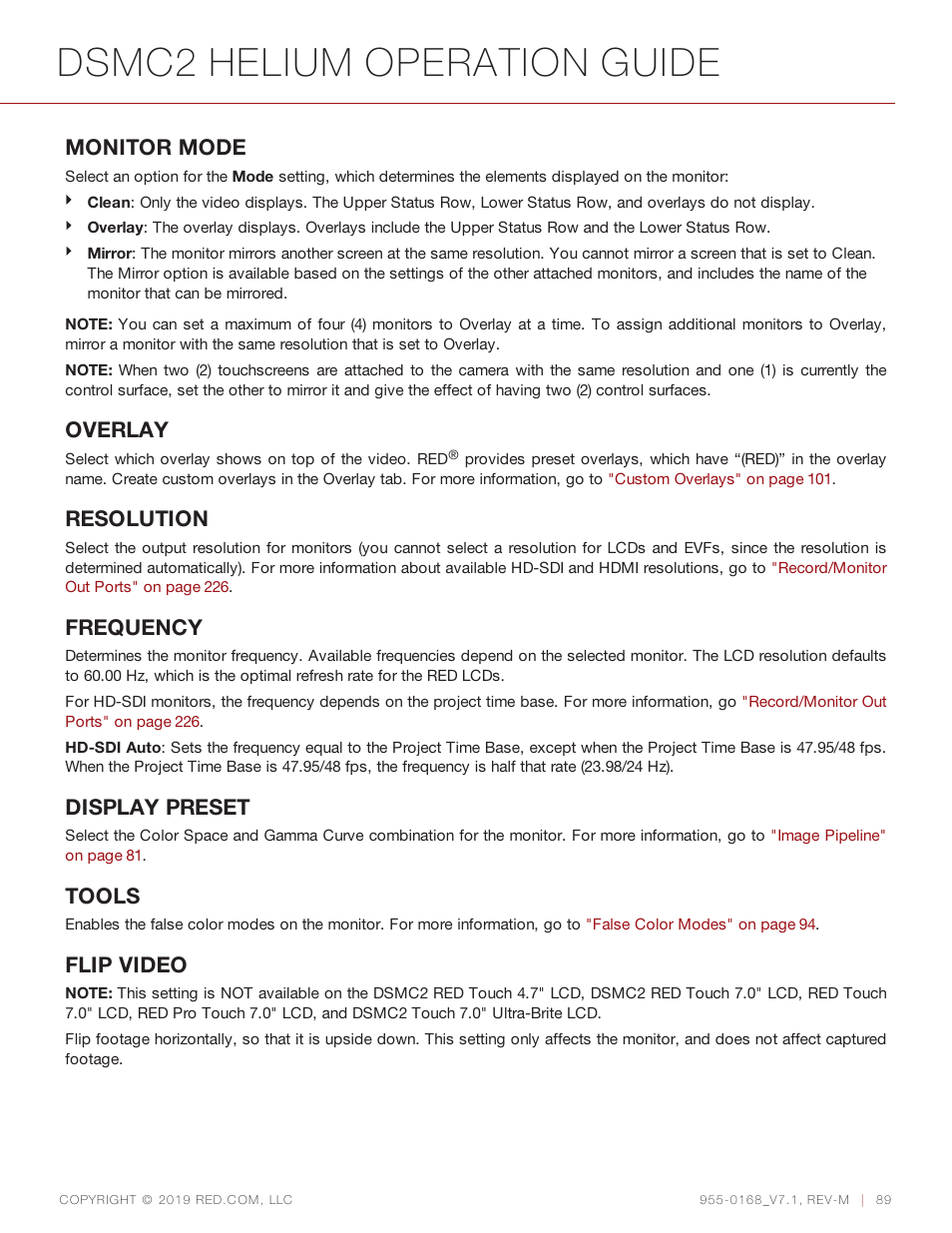 Tools" on, Dsmc2 helium operation guide, Monitor mode | Overlay, Resolution, Frequency, Display preset, Tools, Flip video | RED DIGITAL CINEMA DSMC2 BRAIN with HELIUM 8K S35 Sensor (2018 Unified DSMC2 Lineup) User Manual | Page 89 / 266